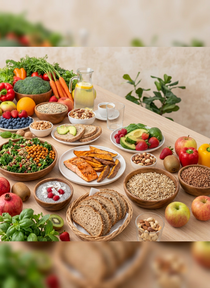 A professional, approachable editorial photograph for a healthcare website showing a nutrition counselling scene — a nutritious spread of fresh whole foods such as vegetables, fruits, grains and nuts on a clean light surface, or a practitioner reviewing a wellness plan with a patient in a bright modern clinic. Warm, welcoming mood, no text, no logos, clean background. A professional, approachable editorial photograph for a healthcare website showing a nutrition counselling scene — a nutritious spread of fresh whole foods such as vegetables, fruits, grains and nuts on a clean light surface, or a practitioner reviewing a wellness plan with a patient in a bright modern clinic. Warm, welcoming mood, no text, no logos, clean background.