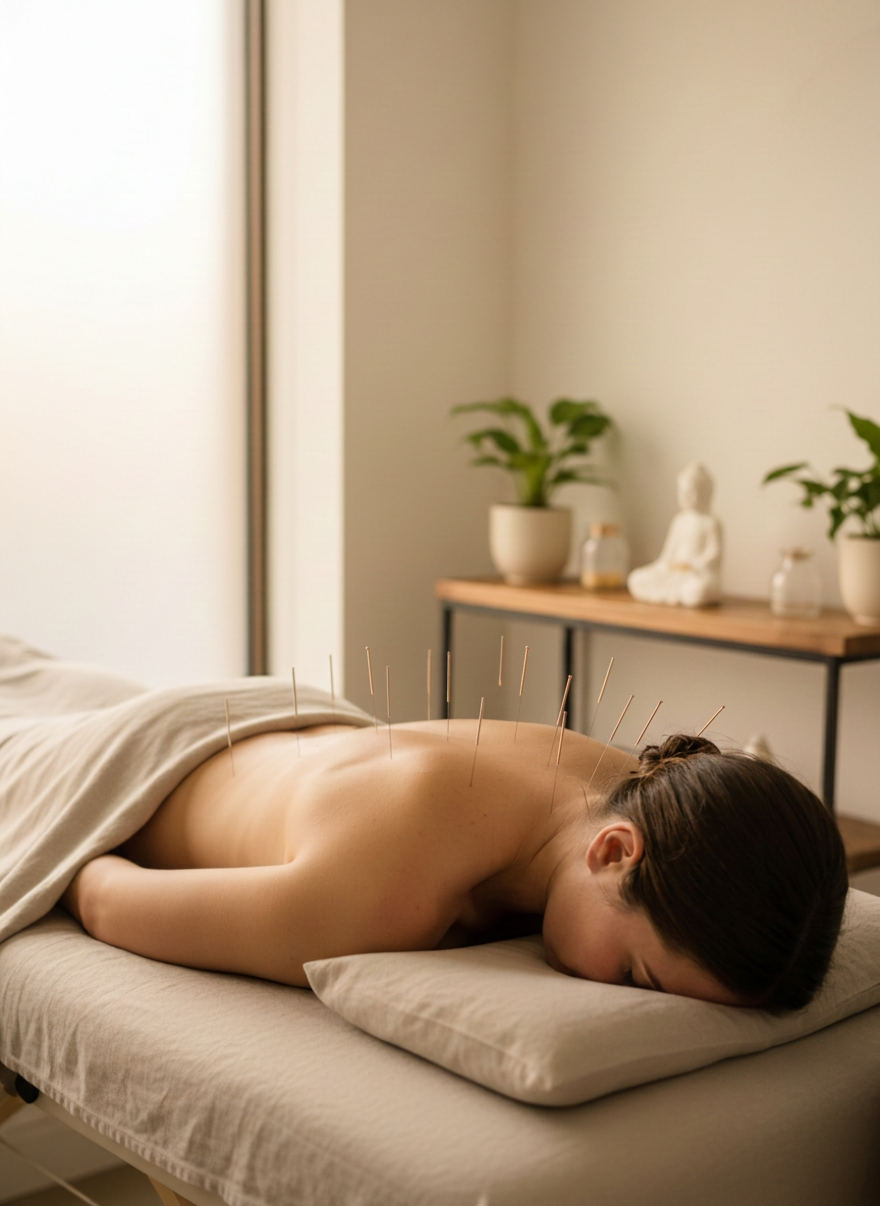 A professional, calm editorial photograph for a healthcare website showing an acupuncture treatment in progress — fine needles gently placed on a person's back or shoulders in a serene, softly lit clinic setting. Relaxed, professional mood, clean and uncluttered background, neutral tones, no text, no logos. A professional, calm editorial photograph for a healthcare website showing an acupuncture treatment in progress — fine needles gently placed on a person's back or shoulders in a serene, softly lit clinic setting. Relaxed, professional mood, clean and uncluttered background, neutral tones, no text, no logos.