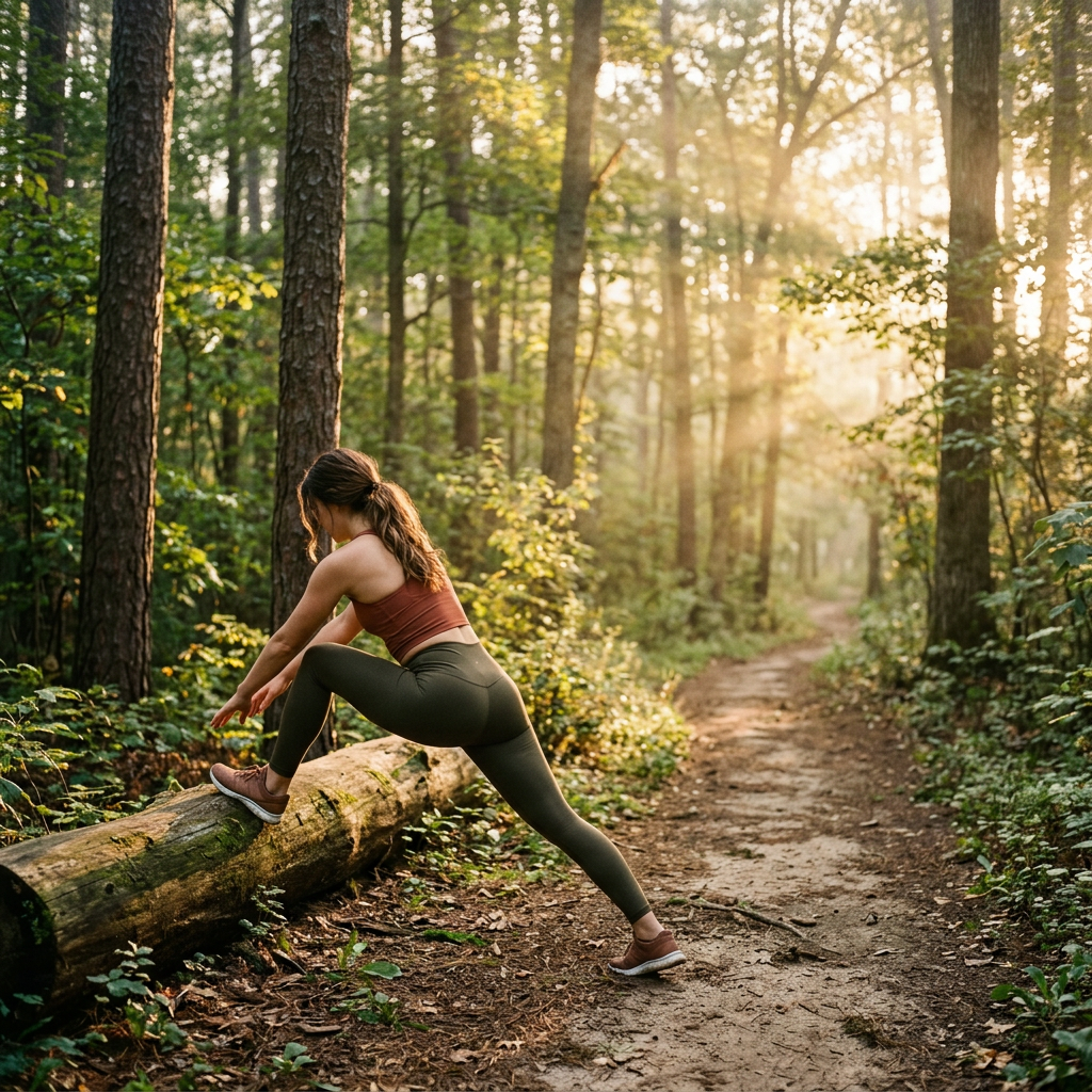 Functional Range Conditioning Person stretching beside forest trail at sunrise