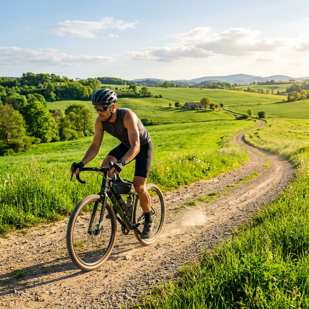 Cyclist riding a gravel bike along a rural dirt road